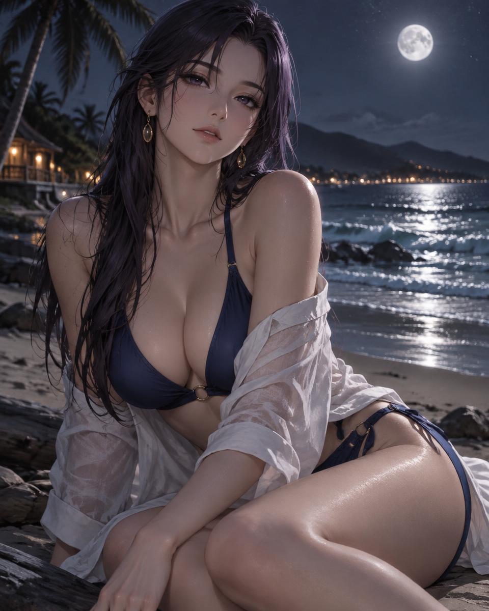 Iris, an adult anime companion on a moonlit shore